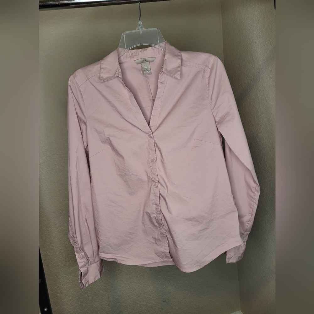 H&M Women's XS Dusty Pink Muave Long Sleeve Button Front Collared Blouse Slimfit